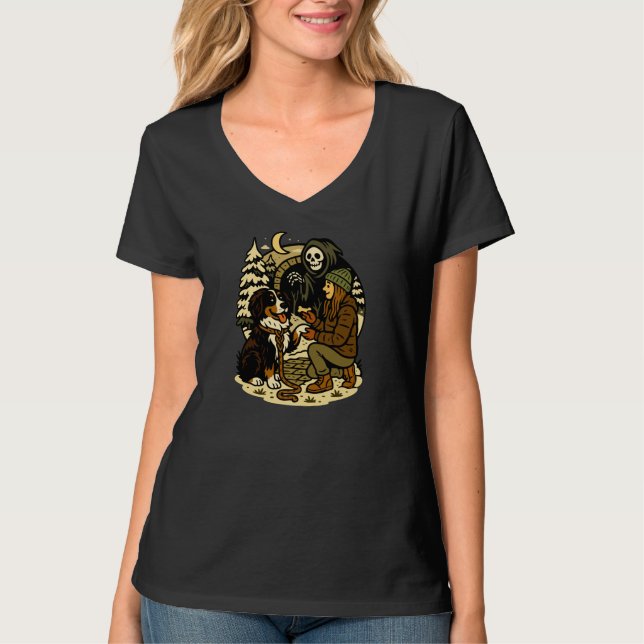 Cute Grim Reaper Girl and Dog Spooky Forest Night T Shirt (Framsida)