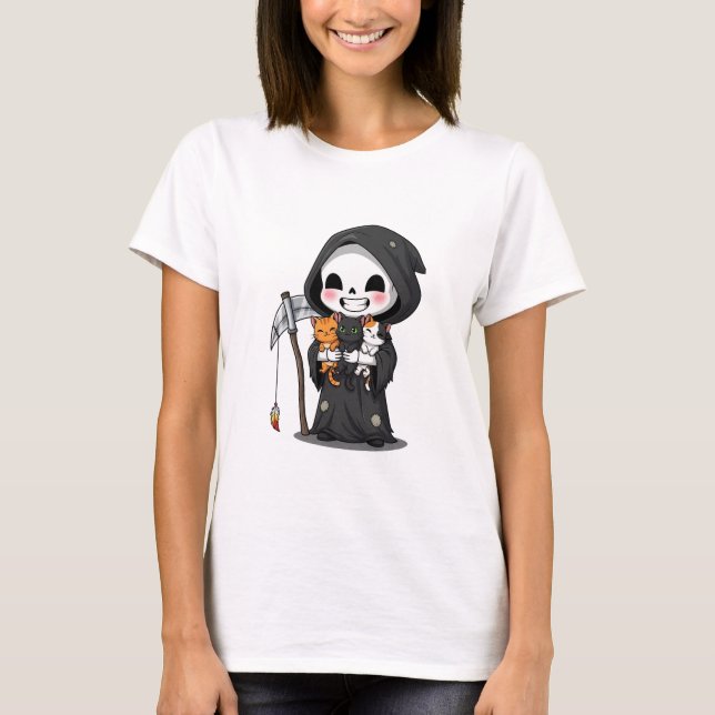 Cute Grim Reaper Holding Three Cats Cartoon T Shirt (Framsida)