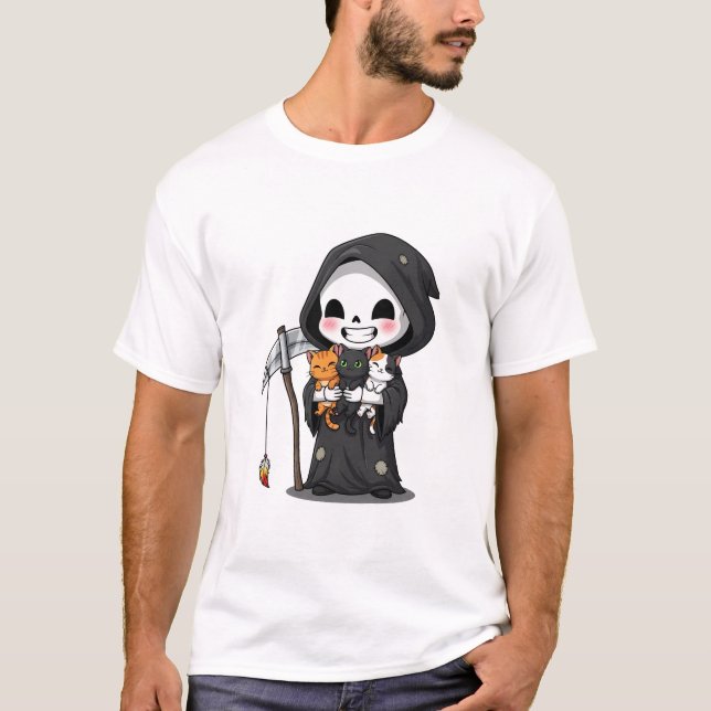 Cute Grim Reaper Holding Three Cats Cartoon T Shirt (Framsida)