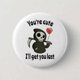 Cute Grim Reaper med romantiskt hjärta Knapp