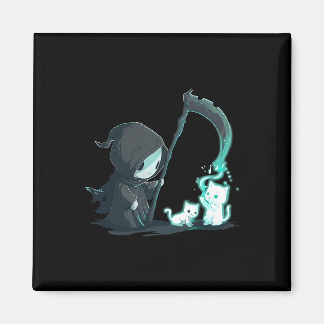 Cute Grim Reaper Skeleton with Cat Ghost Kawaii Pa Magnet (Framsidan)