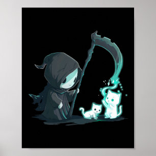 Cute Grim Reaper Skeleton with Cat Ghost Kawaii Pa Poster