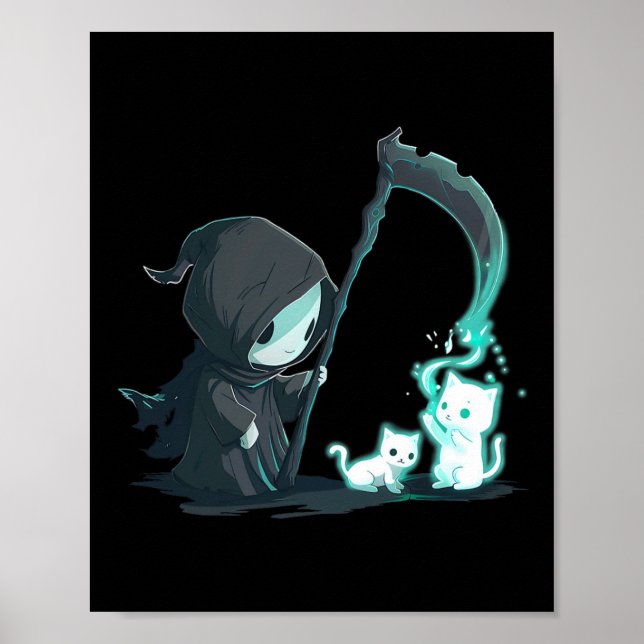 Cute Grim Reaper Skeleton with Cat Ghost Kawaii Pa Poster (Framsidan)
