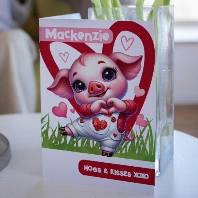Cute Gris Hogs and Kisses personlig Valentiness Helgkort (Cute Pig Hogs and Kisses personalized Valentines Holiday Card from Ricaso. Cute pink pig love heart)