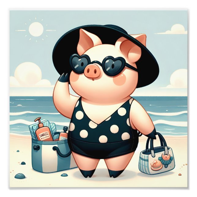 Cute Gris i Polka Dot Swimdress vid Beach Fototryck (Framsidan)