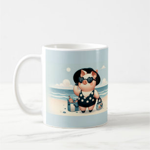 Cute Gris i Polka Dot Swimdress vid Beach Kaffemugg
