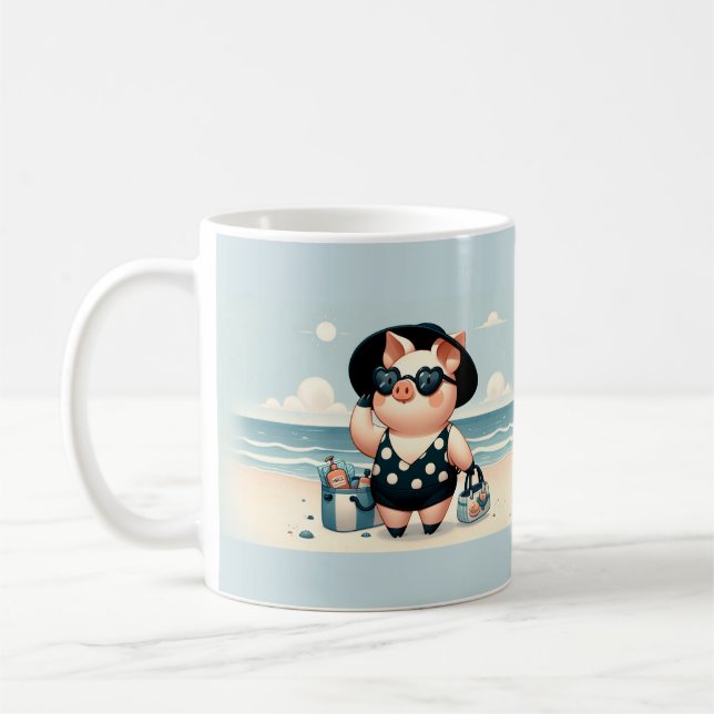 Cute Gris i Polka Dot Swimdress vid Beach Kaffemugg (Vänster)
