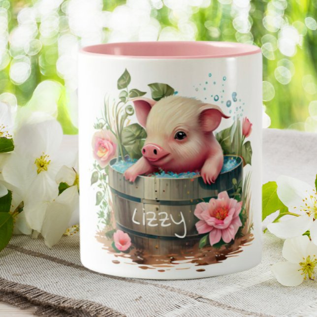 Cute Gris i Rosa Flowers-Personligen i Bucket Två-Tonad Mugg (Skapare uppladdad)