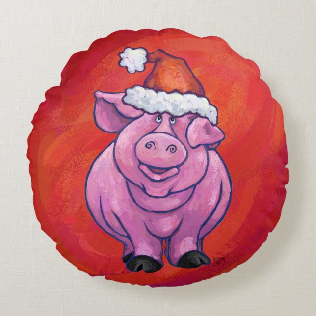 Cute Gris i Santa Hat på Red Rund Kudde (Framsidan)