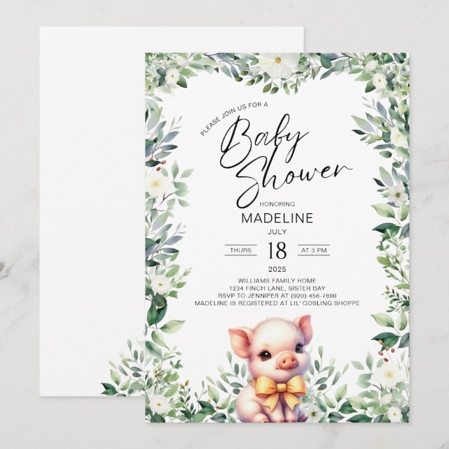 Cute Gris med Bow Baby Shower-inbjudan Inbjudningar (Fram/baksida)