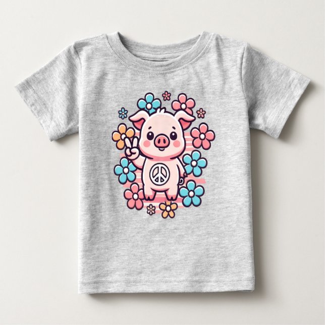 Cute Gris med Fredstecken och 70's ThLED Flowers T Shirt (Framsida)
