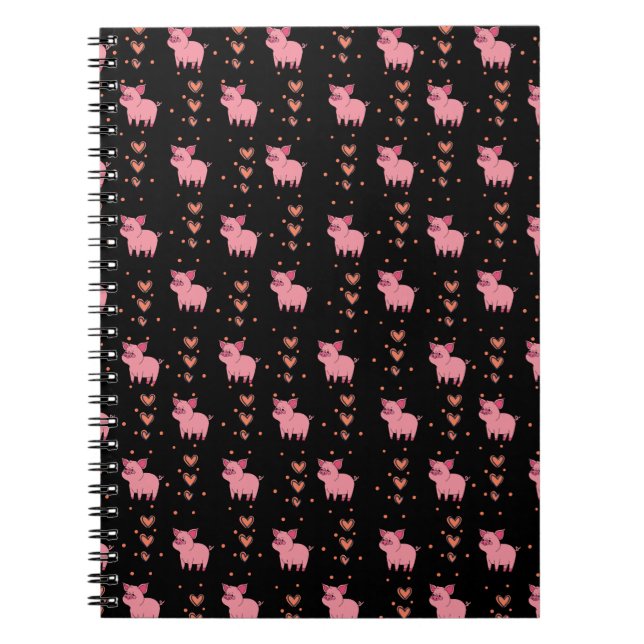 Cute Gris Piggy med Rosa Heart Mönster Black Stil Anteckningsbok (Framsidan)