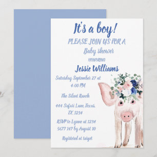 Cute Gris Piglet Boskap Blue Pojke Inbjudningar
