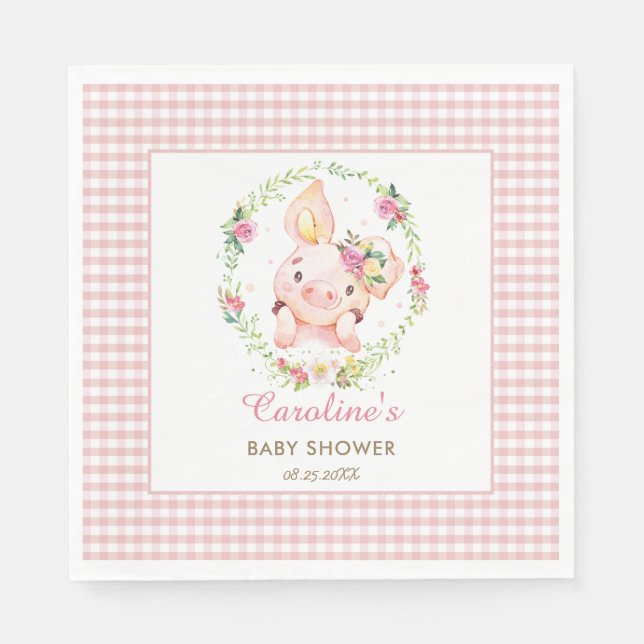 Cute Gris Rosa Blommigt Baby Shower Birthday Gingh Pappersservett (Framsidan)