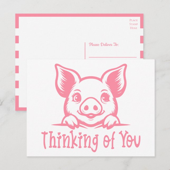 Cute Gris tänker på dig, miss You, Rosa Piglet Hi Vykort (Fram/baksida)