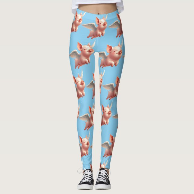 Cute Grisar flyger blissully i Sunny Blå himmel Leggings (Framsida)