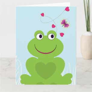 Cute groda och fjäril.Grattis på födelsedagen Kort