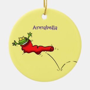 Cute grog i en röd sockhoppande tecknad julgransprydnad keramik