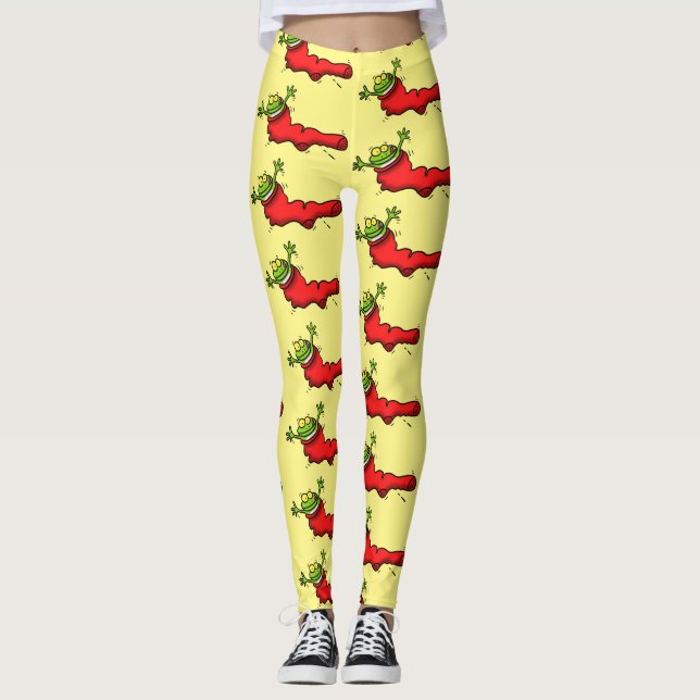 Cute grog i en röd sockhoppande tecknad leggings (Framsida)
