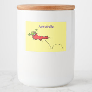 Cute grog i en röd sockhoppande tecknad mat etiketter