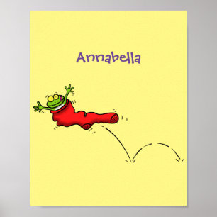 Cute grog i en röd sockhoppande tecknad poster