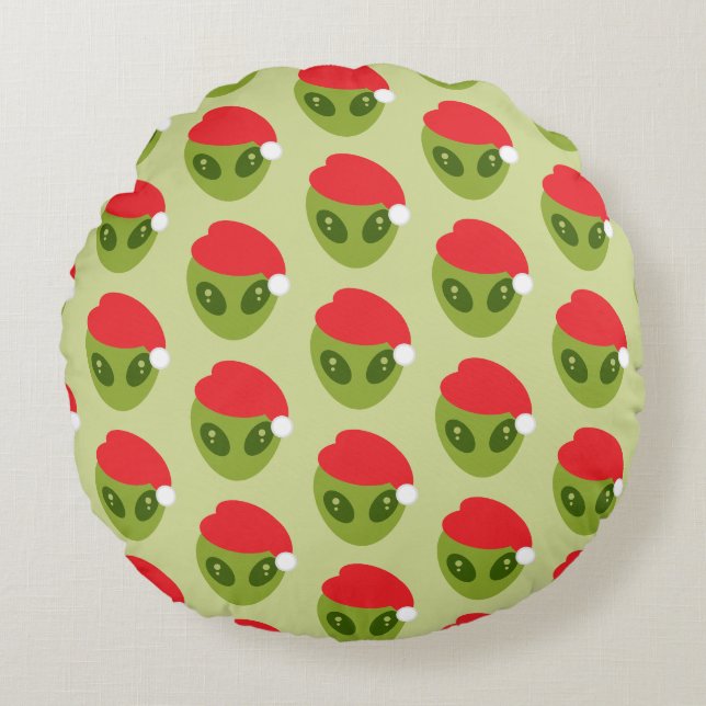 Cute Grönt Alien i Santa Hat Mönster Rund Kudde (Framsidan)