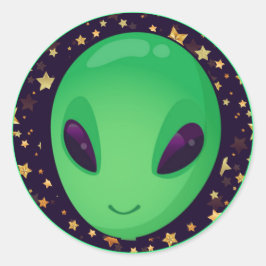 Cute Grönt Alien on Guld Stars Roligt Runt Klistermärke