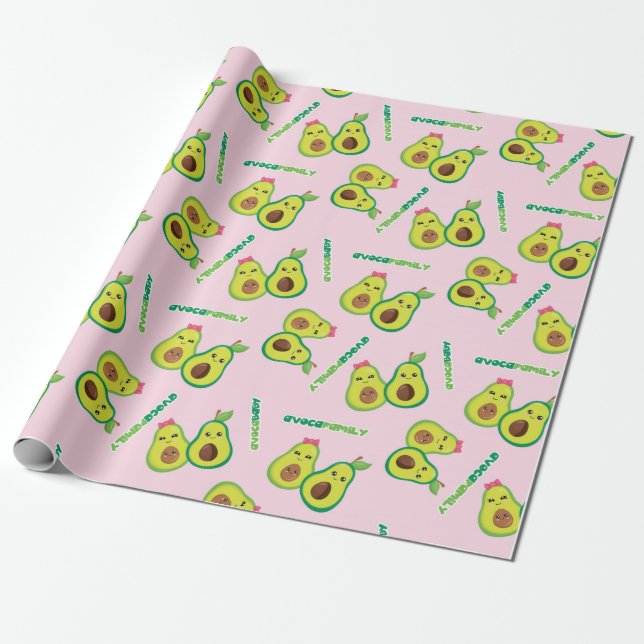 Cute Grönt Avocado-familjen på Lila Presentpapper (Utrullad)