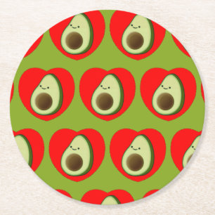Cute Grönt Avocado Tecknad i rött hjärta Underlägg Papper Rund