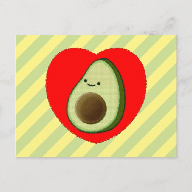 Cute Grönt Avocado Tecknad i rött hjärta Vykort (Framsida)