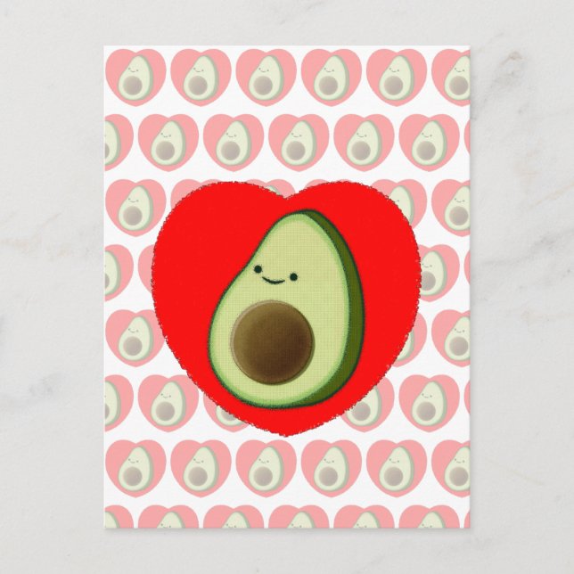 Cute Grönt Avocado Tecknad i rött hjärta Vykort (Framsida)