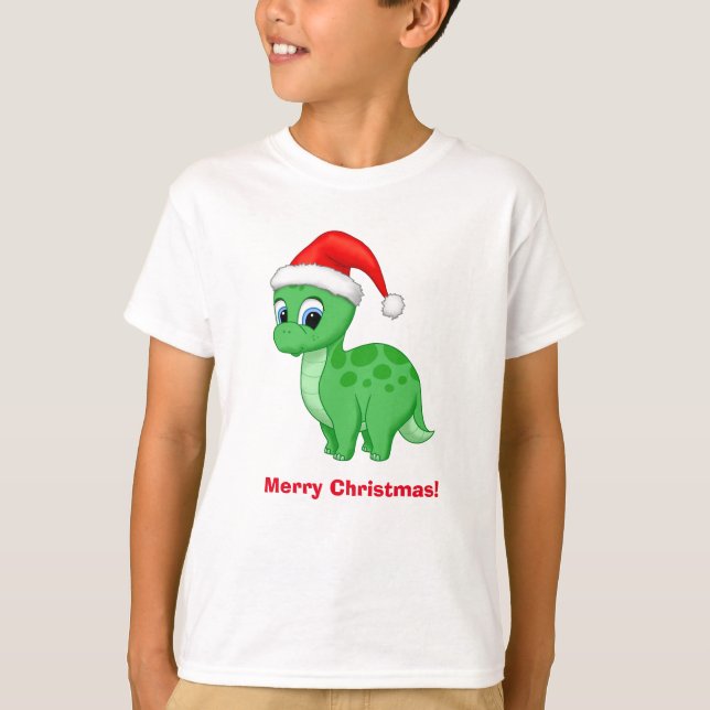 Cute Grönt Baby Dinosaur med Santa Hat T-shirt (Framsida)