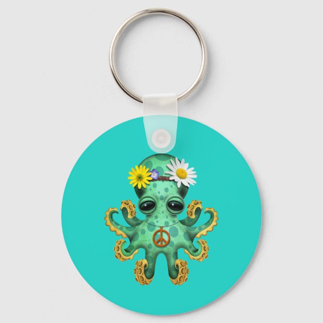 Cute Grönt Baby Octopus Hippie Nyckelring (Framsida)