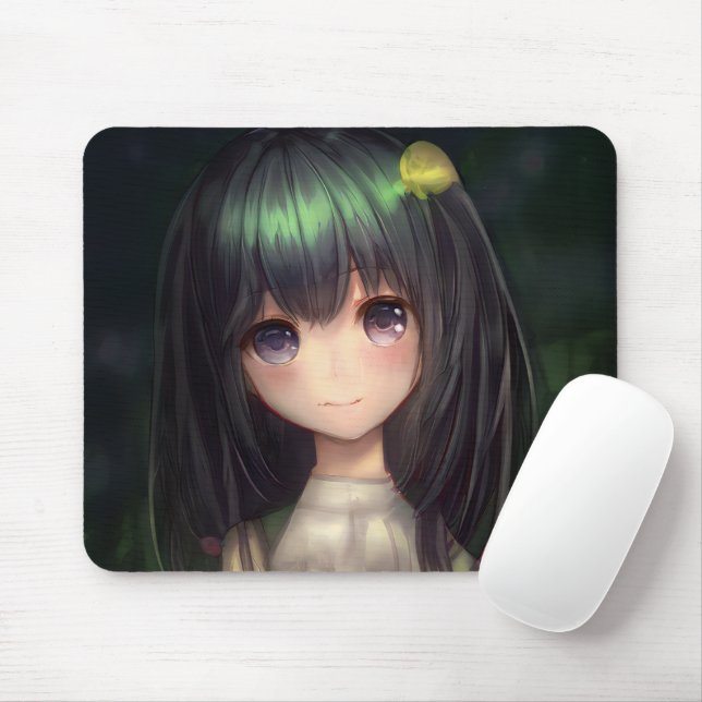 Cute Grönt Black Hair Manga Girl Waifu Kawaï Anime Musmatta (Med mus)