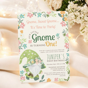 Cute Grönt Blommigt Woodland Gnome 1:a födelsedage Inbjudningar
