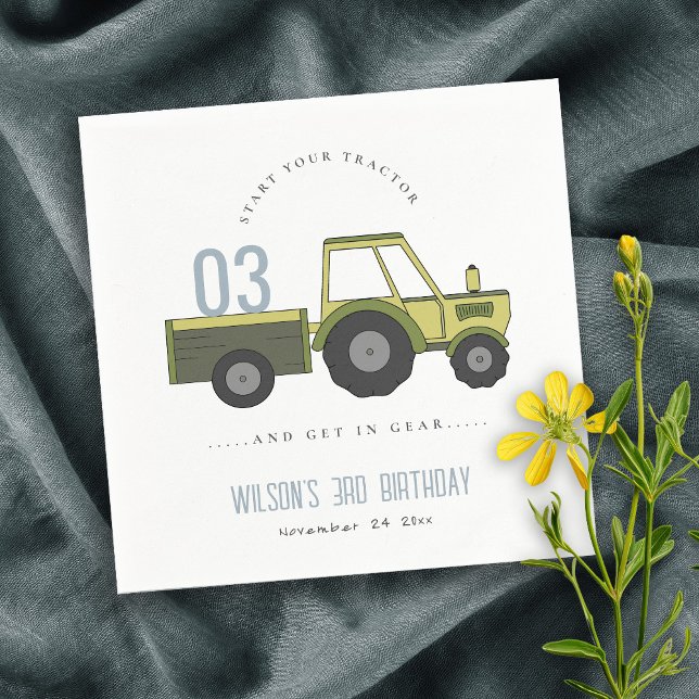 Cute Grönt Blue Farm Tractor Kids any Age Birday Pappersservett (Skapare uppladdad)