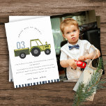 Cute Grönt Blue Farm Tractor Kids Photo Birthday Tack Kort<br><div class="desc">En Roligt Cute Boys GRÖNT BLUE FARM TRACKTOR THEME BIRTHDAY Collection.- Det är en Elegant enkel minimal sketchy Illustration of farm traktorns carry the Birthday year, perfekt for your small ones födelsedagsfest. Det är mycket enkelt att anpassa, med dina personuppgifter. Om du behöver någon annan matchande produkt eller anpassning kan...</div>