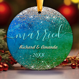 Cute grönt blue faux guld glitter, gift julgransprydnad keramik