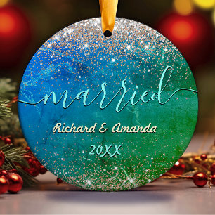 Cute grönt blue faux guld glitter, gift julgransprydnad keramik