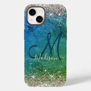 Cute grönt blue faux guld glitter monogram