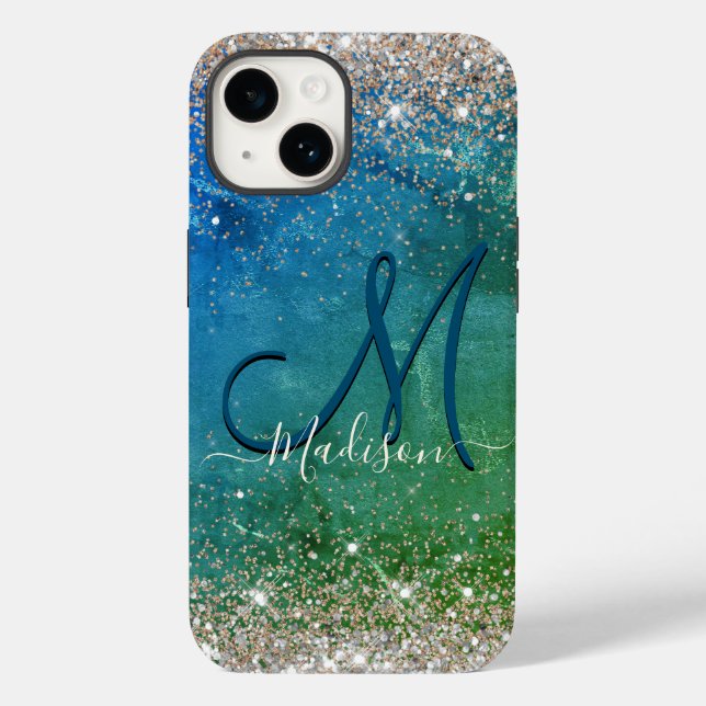 Cute grönt blue faux guld glitter monogram (Baksida)