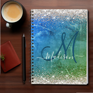 Cute grönt blue faux guld glitter monogram anteckningsbok