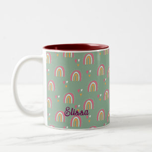 Cute Grönt Boho Rainbow Heart eget namn Två-Tonad Mugg