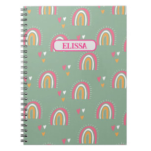 Cute Grönt Boho Rainbow Heart Namn Personlig Anteckningsbok