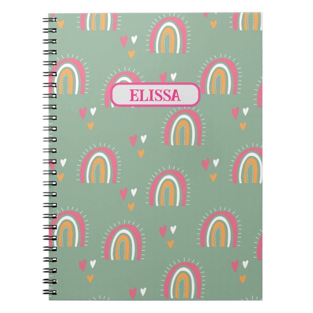 Cute Grönt Boho Rainbow Heart Namn Personlig Anteckningsbok (Framsidan)