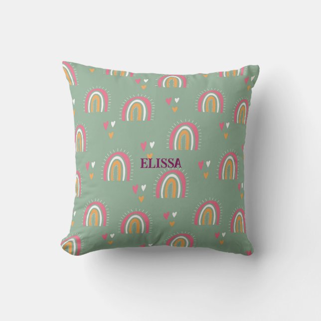 Cute Grönt Boho Rainbow Heart Nursery Personlig Kudde (Framsida)
