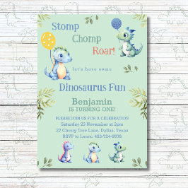 Cute Grönt Boy Dinosaur 1:a födelsedagen Party Inbjudningar