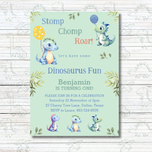 Cute Grönt Boy Dinosaur 1:a födelsedagen Party Inbjudningar