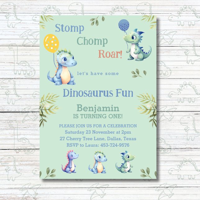 Cute Grönt Boy Dinosaur 1:a födelsedagen Party Inbjudningar (Skapare uppladdad)
