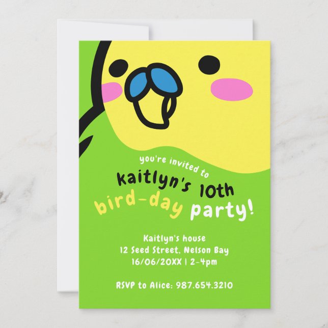 Cute Grönt Budgie Kids 10:e Födelsedagsfesten Inbjudningar (Framsida)